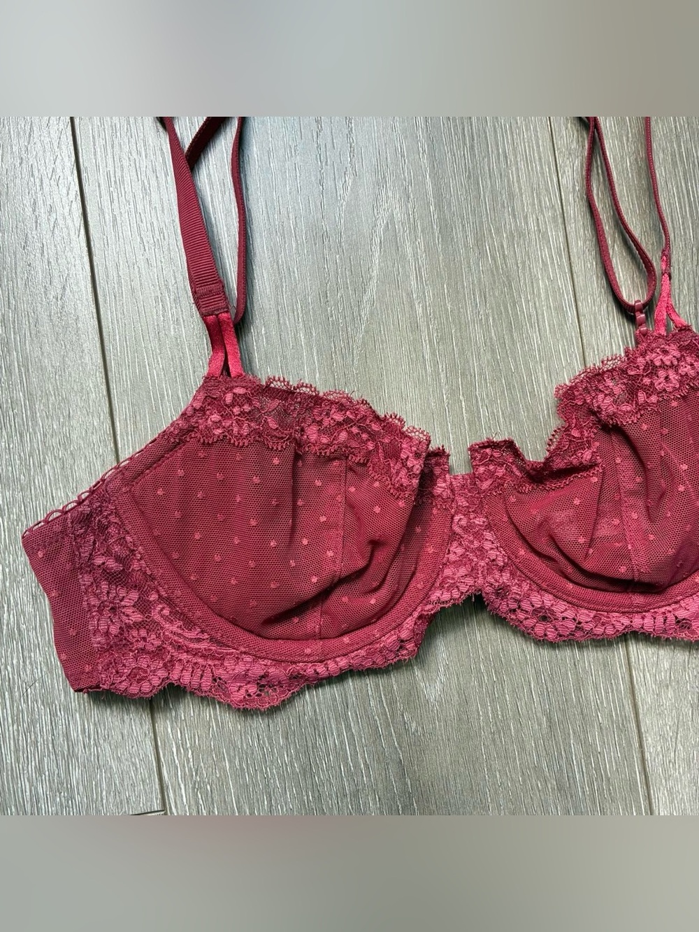 Victoria’s Secret rosy red polka dot mesh bra with lace trim